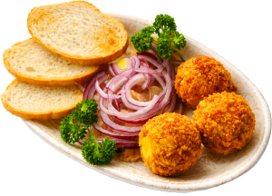 Слабосолёная сельдь с картофельными крокетами и крутонами-гриль
